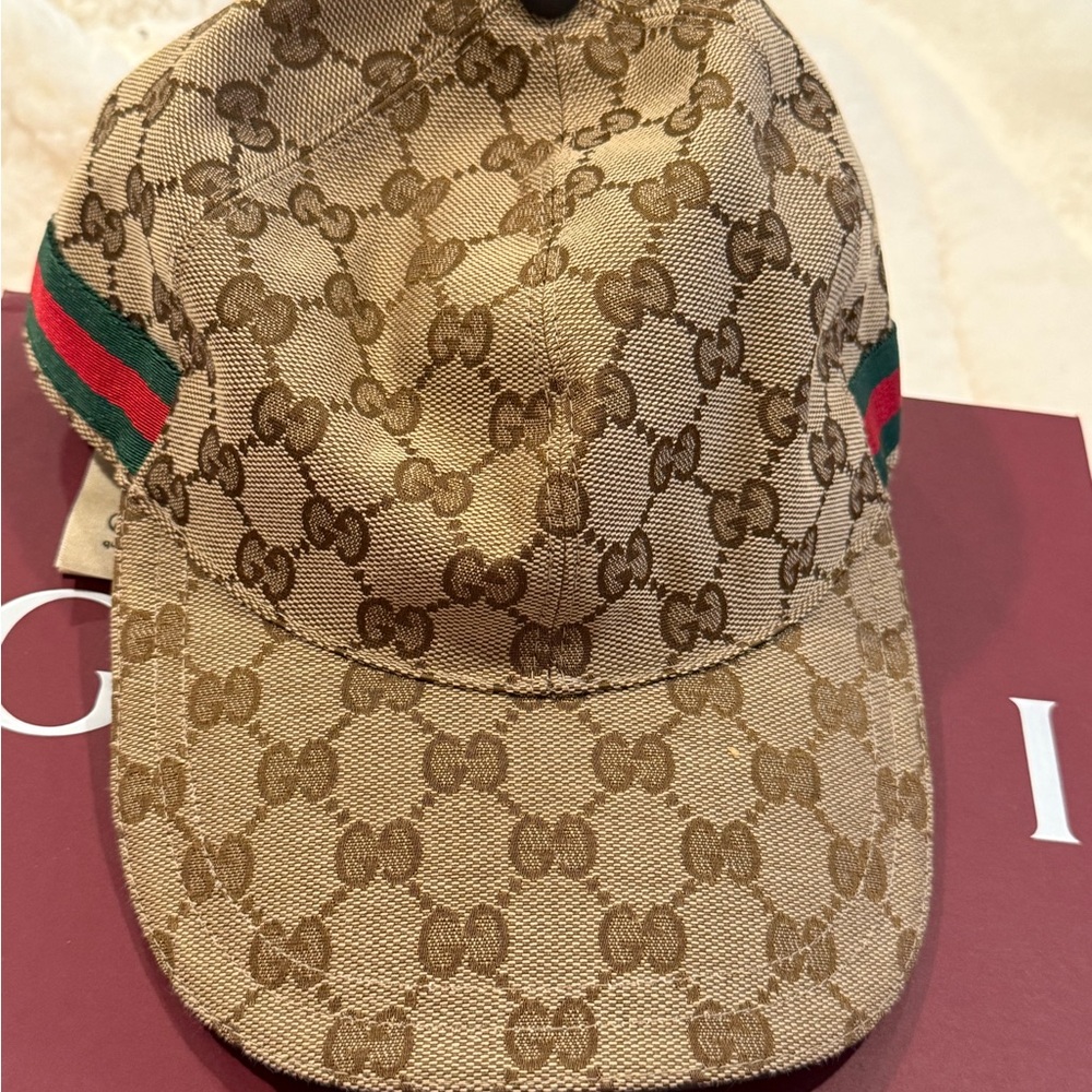 Gucci GG Baseball Beige and Dark Brown Monogram Cap w Web Size S 57 cm LIKE NEW - Picture 5 of 9